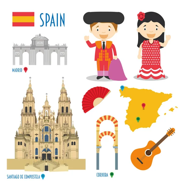 Spanje Flat pictogram Set reizen en toerisme concept. Vectorillustratie — Stockvector