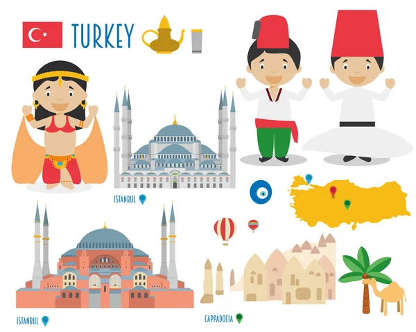Türkiye'de düz simgesi ayarla seyahat ve Turizm kavramı. Vektör çizim