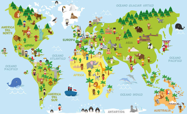 Funny cartoon world map with childrens of different nationalities, animals and monuments of all the continents and oceans. Names in spanish.