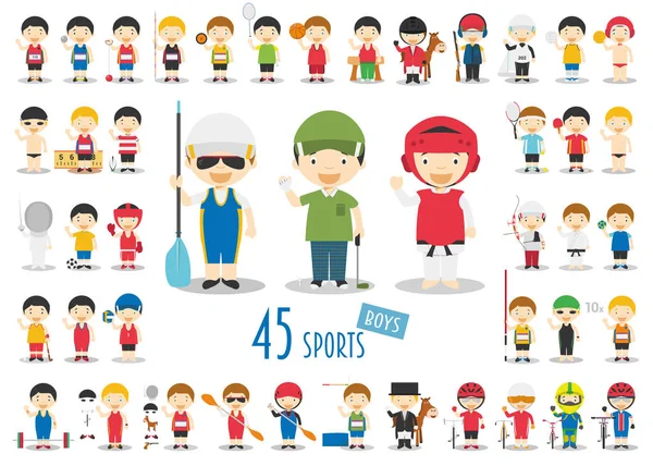 Big Set de 45 lindos personajes deportivos de dibujos animados para niños. Divertidos chicos de dibujos animados. Juegos Olímpicos Deportes vector ilustraciones — Vector de stock