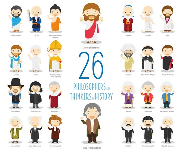 Collezione di personaggi vettoriali per bambini: set di 26 grandi filosofi e pensatori della storia in stile cartone animato . — Vettoriale Stock