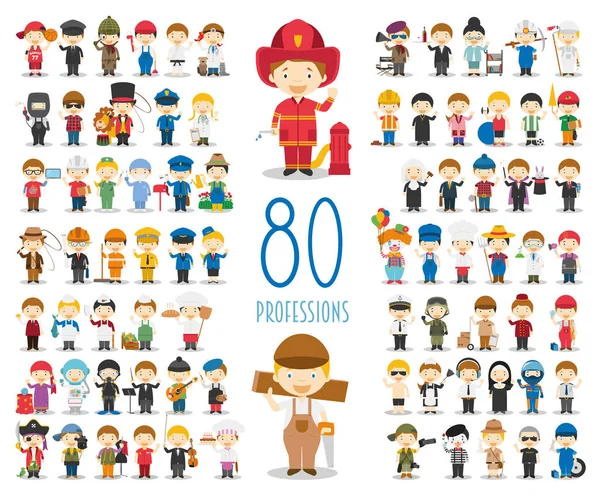 Colección de personajes vectoriales para niños: Conjunto de 80 profesiones diferentes en estilo de dibujos animados . Vector De Stock