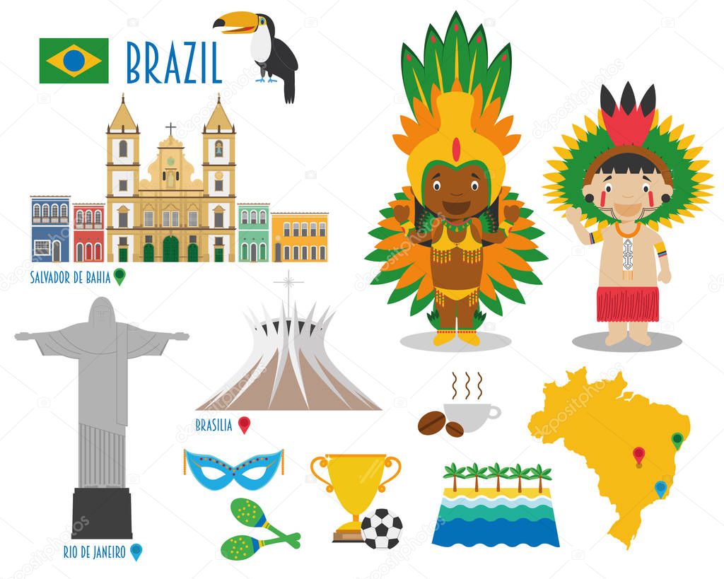 Brazil Flat Icon Set Travel and tourism concept. Vector illustration