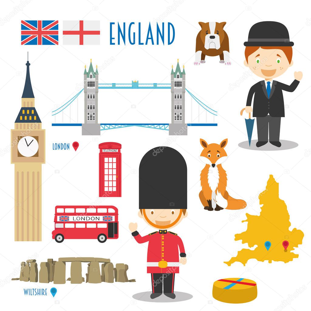 England Flat Icon Set Travel and tourism concept. Vector illustration