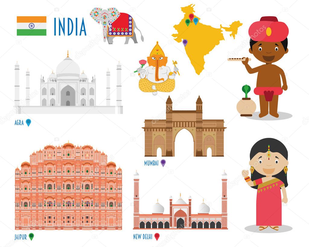 India Flat Icon Set Travel and tourism concept. Vector illustration