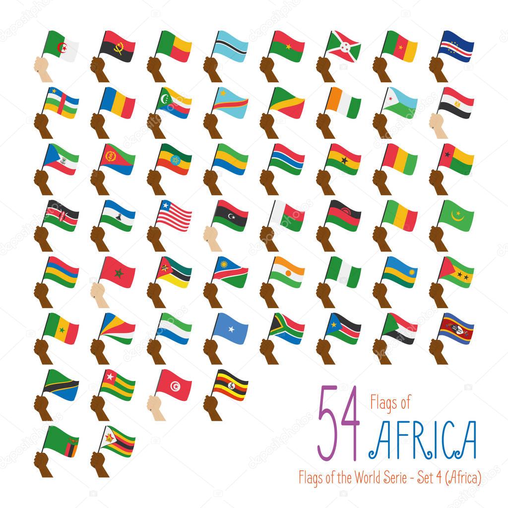 Set of 54 flags of Africa. Hand raising the national flags of 54 countries of Africa. Icon set Vector Illustration.