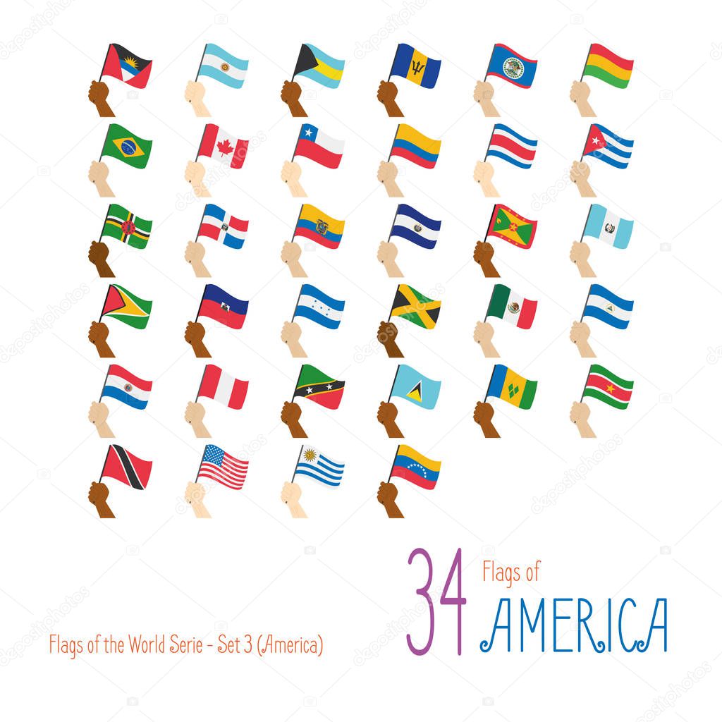 Set of 34 flags of America. Hand raising the national flags of 34 countries of America. Icon set Vector Illustration.