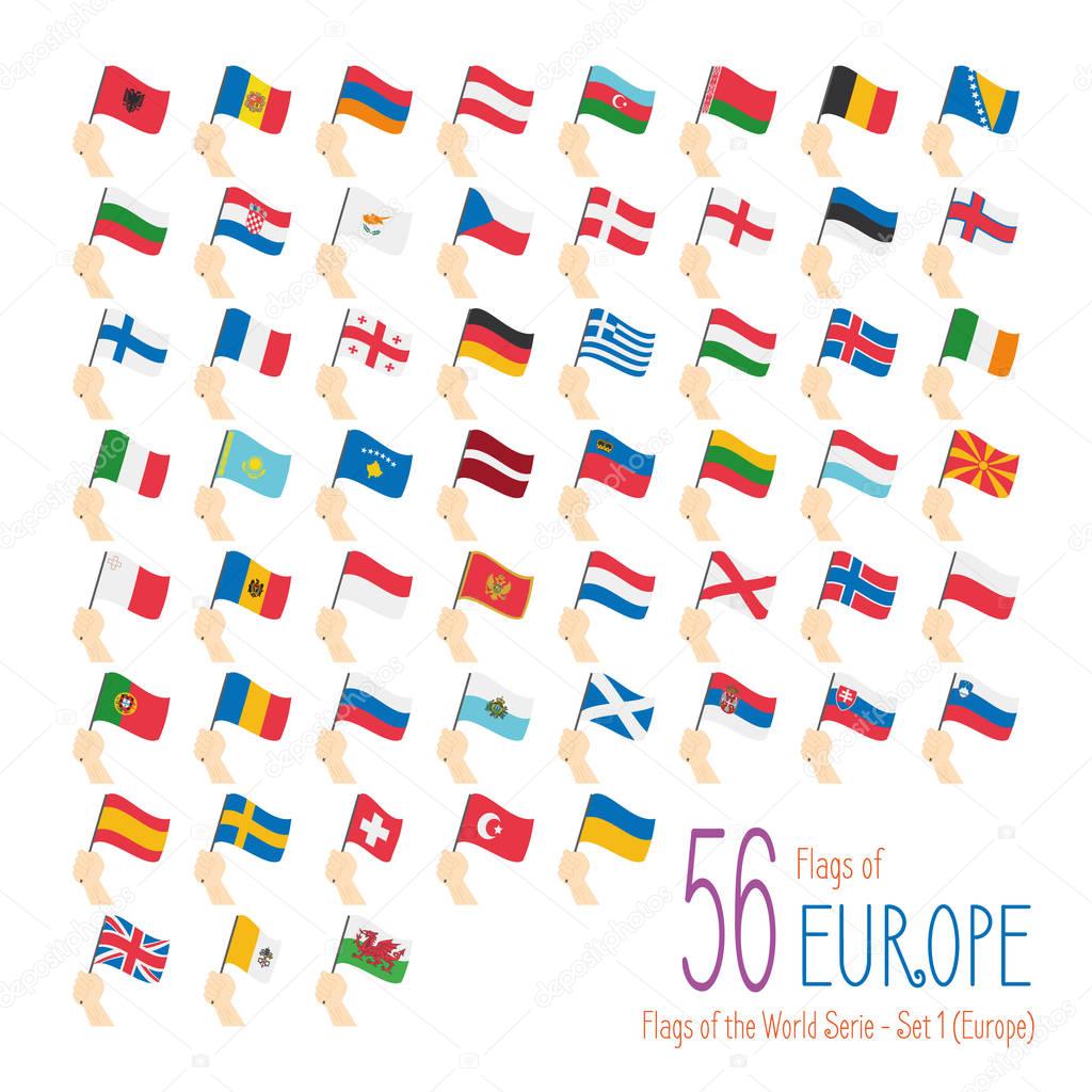 Set of 56 flags of Europe. Hand raising the national flags of 56 countries of Europe. Icon set Vector Illustration.
