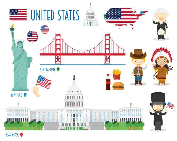 USA Flat Icon Set Concept de voyage et tourisme. Illustration vectorielle — Image vectorielle
