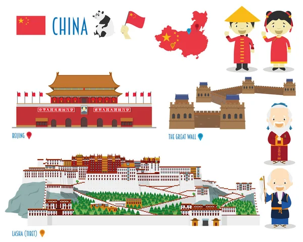 China Flat Icon Set Travel and tourism concept. Векторная иллюстрация — стоковый вектор