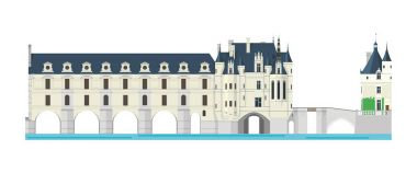 Chenonceau Castle, Loire Valley, Fransa. Beyaz arka plan vektör illüstrasyon izole.
