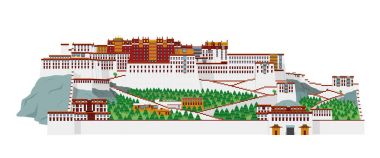 Potala Sarayı, Lasha (Tibet), Çin. Beyaz arka plan vektör illüstrasyon izole.