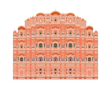 Hawa Mahal, Jaipur, Hindistan. Beyaz arka plan vektör illüstrasyon izole.