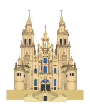 Santiago Katedrali, İspanya. Beyaz arka plan vektör illüstrasyon izole.