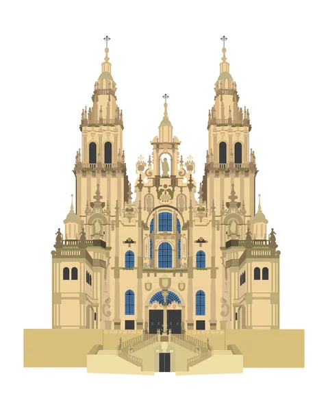Santiago de Compostela székesegyház, Spanyolország. Elszigetelt fehér háttér vektor illusztráció. — Stock Vector