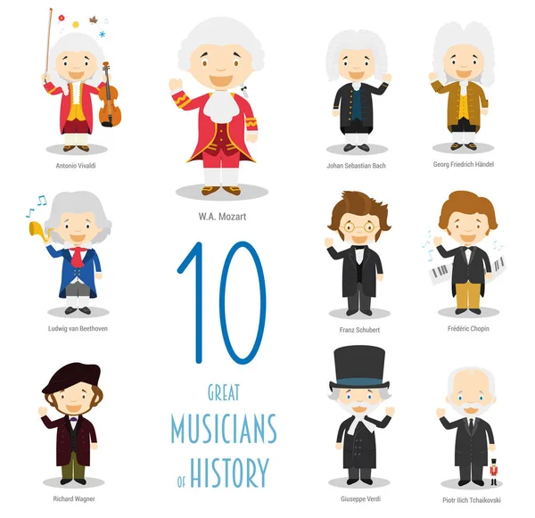 Kinder Vektor Charaktere Sammlung: Set von 10 großen Musikern der Geschichte im Cartoon-Stil. — Stockvektor