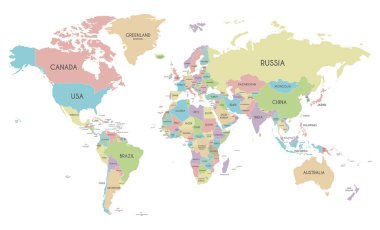 Siyasi Dünya Haritası vektör illüstrasyon izole beyaz arka plan üzerinde. Düzenlenebilir katmanları açıkça etiketli.