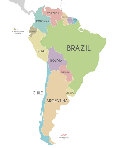 Politikai Dél-Amerika Térkép vektoros illusztráció elszigetelt fehér background. Szerkeszthető és egyértelműen feliratozott rétegek. — Stock Vector