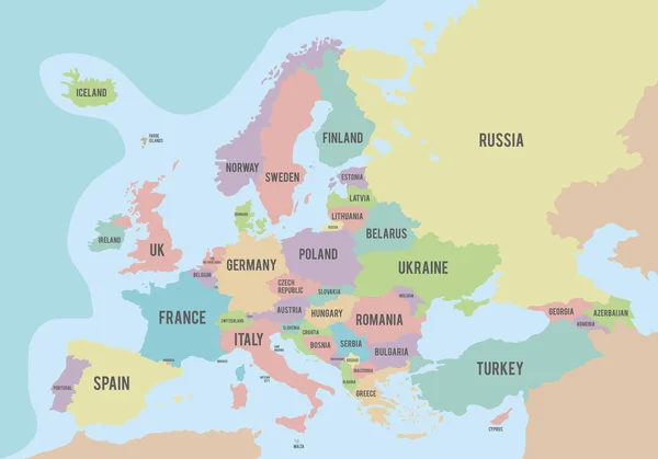 Mapa político de Europa con diferentes colores para cada país y nombres en inglés. Ilustración vectorial . — Vector de stock