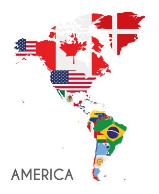 Siyasi Amerika harita vektör Illustration bayraklar ile bütün ülkeler. Düzenlenebilir ve açıkça etiketlenmiş katmanları.