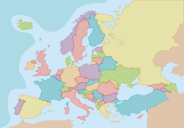 Avrupa'nın siyasi harita renkleri ve Kenarlıklar her ülke için. Vektör çizim.