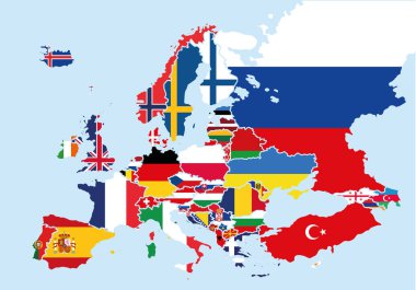 Her ülke bayraklarıyla renkli Avrupa Haritası