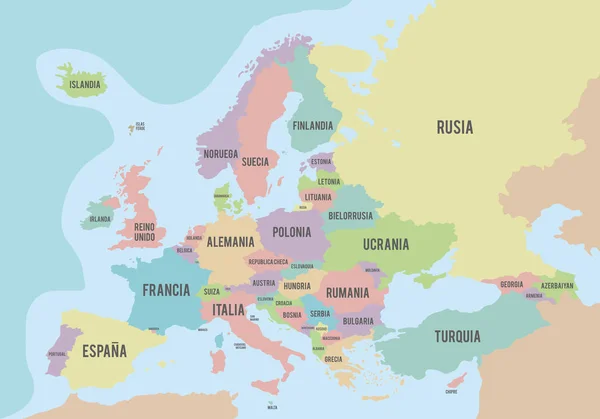 Politieke kaart van Europa met verschillende kleuren voor elk land en de namen in het Spaans. Vectorillustratie. — Stockvector