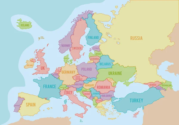 Mapa político de Europa con colores y fronteras para cada país y nombres en inglés. Ilustración vectorial . — Vector de stock