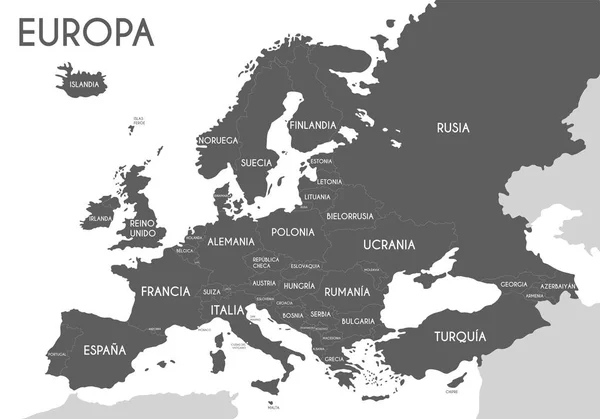 Mapa político de Europa en color gris con fondo blanco y los nombres de los países en español. Ilustración vectorial — Archivo Imágenes Vectoriales