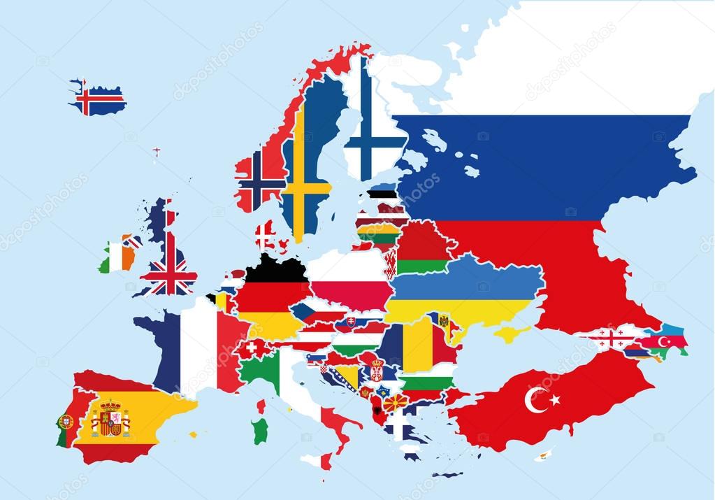 Map of Europe colored with the flags of each country