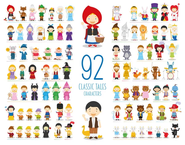 Collezione di personaggi vettoriali per bambini: set di 92 personaggi di racconti classici in stile cartone animato — Vettoriale Stock
