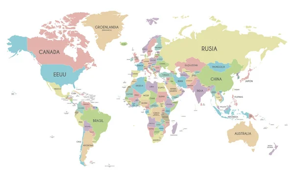 Político Mapa Mundial ilustração vetorial isolado em fundo branco com nomes de países em espanhol. Camadas editáveis e claramente rotuladas . —  Vetores de Stock