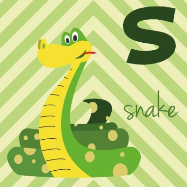 Sevimli çizgi resimli Hayvanat Bahçesi alfabesi ile komik hayvanlar: S yılan için. İngilizce alfabe. Okumayı öğren. İzole vektör çizim.