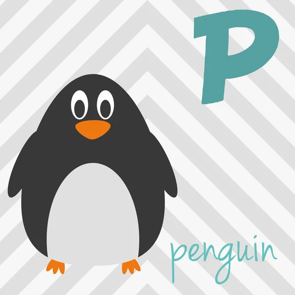 Милі мультфільми зоопарк ілюстровані алфавіту з смішні тварини: P для пінгвінів. Англійського алфавіту. Навчитися читати. Ізольована Векторні ілюстрації. — стоковий вектор