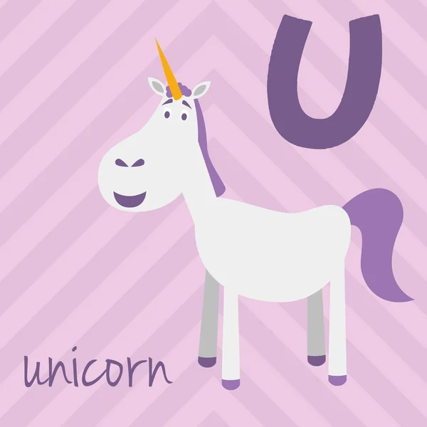 Jolie bande dessinée zoo illustré alphabet avec des animaux drôles : U pour Licorne. Alphabet anglais. Apprends à lire. Illustration vectorielle isolée . — Image vectorielle