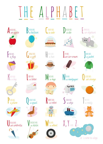 Lindo alfabeto ilustrado de dibujos animados con nombres y objetos. Alfabeto inglés. Aprende a leer. Ilustración vectorial aislada . — Vector de stock