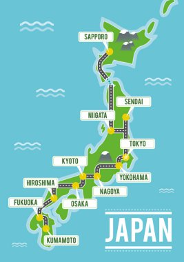 Çizgi film vektör Japonya Haritası. Seyahat illüstrasyon ile Japon ana şehirler.