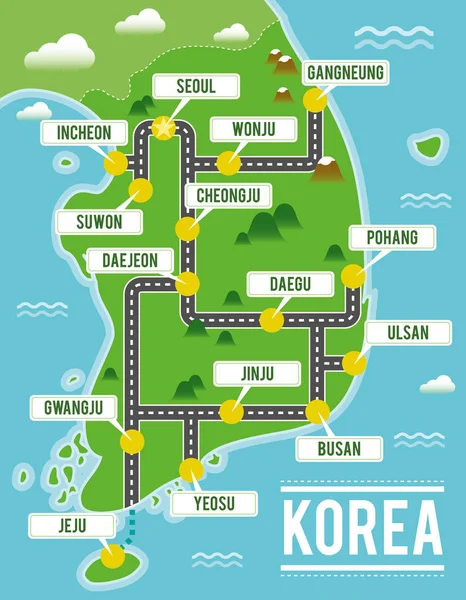 Мультфільм вектор мапу Південної Кореї. Ілюстрація подорожей з головних міст Південної Кореї. — стоковий вектор