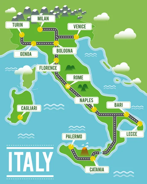 Cartoon mapa vectorial de Italia. Ilustración de viajes con las principales ciudades italianas . — Vector de stock