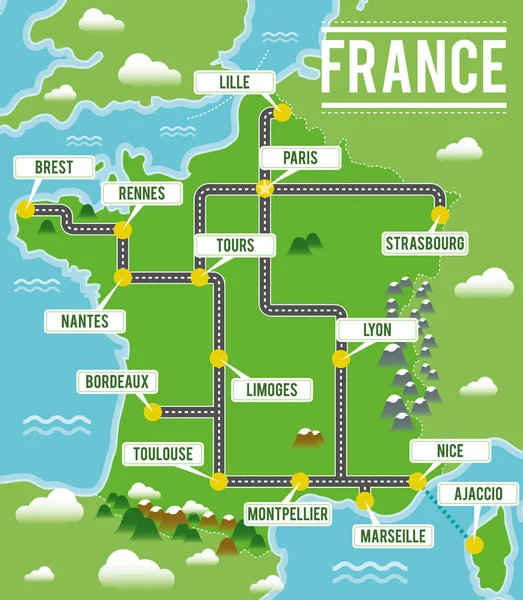 Cartoon mapa vectorial de Francia. Ilustración de viajes con las principales ciudades francesas . — Archivo Imágenes Vectoriales