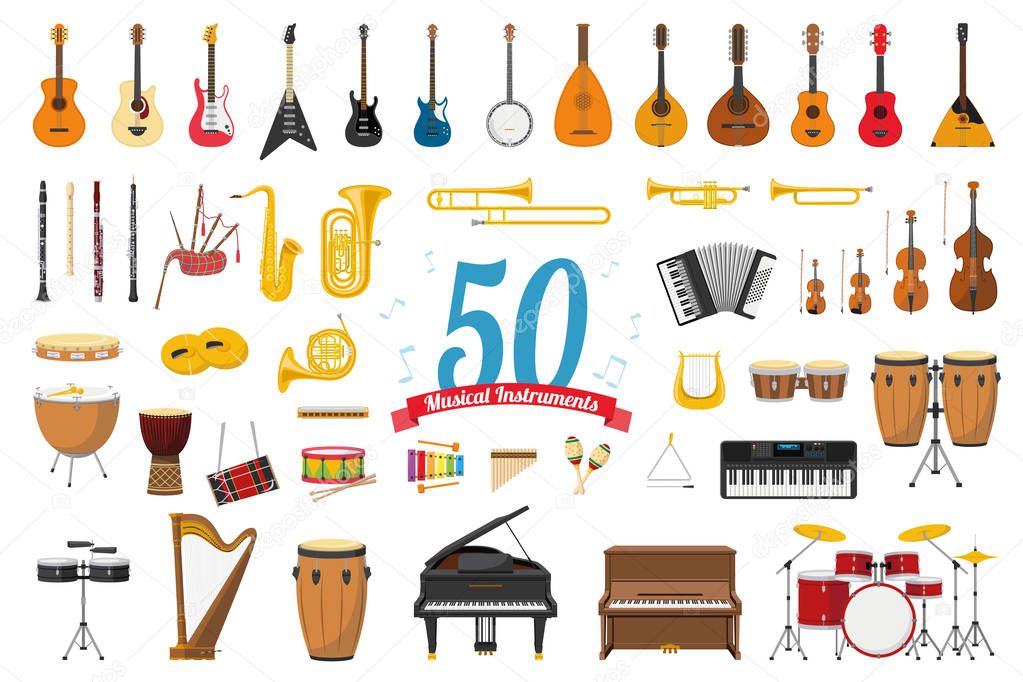 Vector illustration set of 50 musical instruments in cartoon style isolated on white background