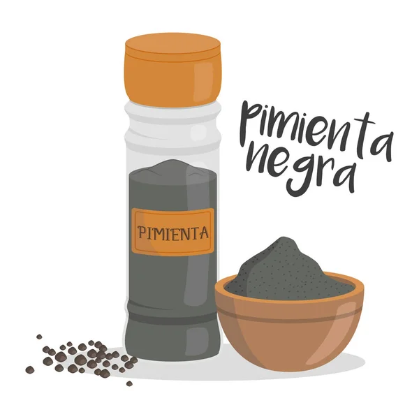 Vector Black Pepper Illustration Isolated Cartoon Style Spanish Name Herbs — Stock Vector