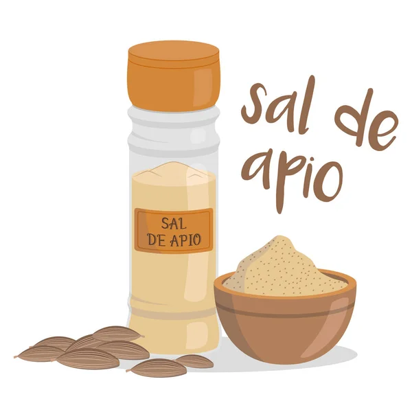 Vector Celery Salt Illustration Isolated Cartoon Style Spanish Name Herbs — Stock Vector