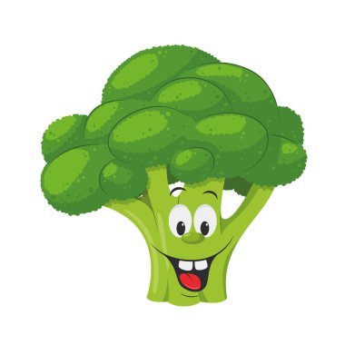 Sebze Karakterleri Koleksiyonu: Çizgi film tarzında komik ve gülümseyen bir brokolinin vektör çizimi.