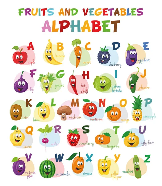 かわいい漫画は面白い果物や野菜の文字とアルファベットを描いた 英語のアルファベット 読むことを学ぶ 絶縁ベクトルイラスト — ストックベクタ