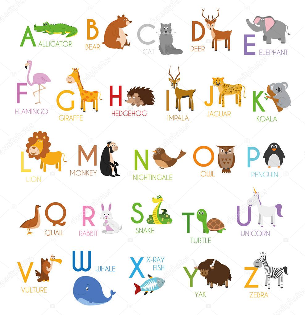 Cute cartoon zoo illustrated alphabet with funny animals. English alphabet. Learn to read. Isolated Vector illustration.