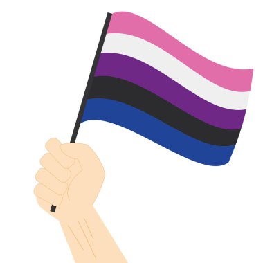 Beyaz arka planda el ele tutuşup yükselen cinsiyet akışkan gurur bayrağı