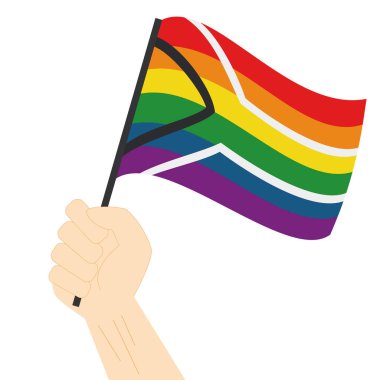 Beyaz arka planda el ele tutuşup yükselen Güney Afrika gururu bayrağı