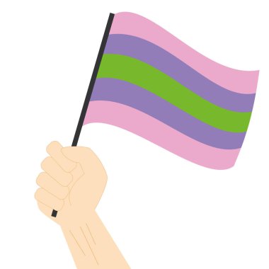 Beyaz arka planda el ele tutuşup yükselen Trigender gurur bayrağı izole edildi