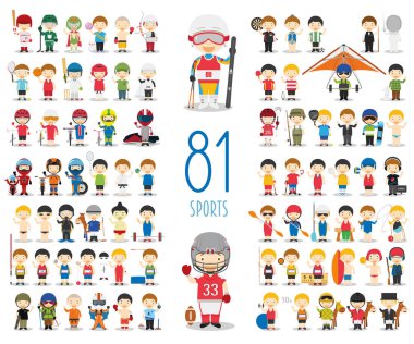 Set of 81 different sports in cartoon style. Kids characters vector illustration vector